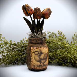 Primitive Spring Chick Mason Jar Tulip Floral Arrangement, Country Primitive Farmhouse Home Decor, Spring and Easter Decor, Cottagecore