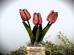Grungy Pint Mason Jar and Tulip Arrangement, Real-feel, Real-Touch Tulip arrangement Vintage style Mason Jar Arrangement Centerpiece