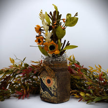 Load image into Gallery viewer, Primitive Crow and Sunflowers Mason Jar Daisy Floral Arrangement, Country Primitive Farmhouse Home Decor, Summer Decor, Fall Decor