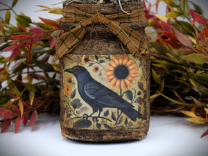 Primitive Crow and Sunflowers Mason Jar Daisy Floral Arrangement, Country Primitive Farmhouse Home Decor, Summer Decor, Fall Decor