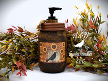 Load image into Gallery viewer, Mason Jar Hand Soap Dispenser, Black Crow and Sunflowers Primitive Label, Grubby Mason Jar w/Soap Pump, Country Primitive Bathroom Decor
