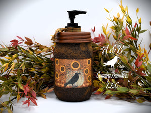 Mason Jar Hand Soap Dispenser, Black Crow and Sunflowers Primitive Label, Grubby Mason Jar w/Soap Pump, Country Primitive Bathroom Decor