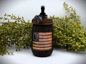 Grubby Americana Hand Soap Dispenser, Mason Jar Soap Pump & Betsy Ross American Flag, Country Primitive Bathroom Soap Dispenser