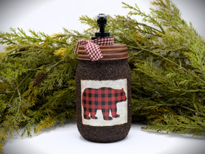 Buffalo Plaid Bear themed Soap Dispenser, Grubby Mason Jar with Soap Pump, Rustic Cabin Decor, Rustic "Bear" themed Bathroom