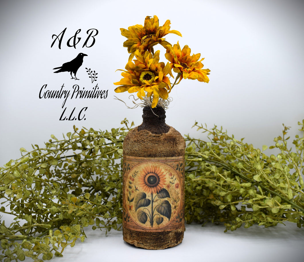 Primitive Sunflower Grubby Bottle Arrangement, Country Primitive Farmhouse Home Decor, Cottagecore, Summer Floral, Fall Floral