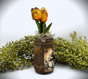 Primitive Mama and Baby Bunny Rabbit Mason Jar Tulip Floral Arrangement, Country Farmhouse, Cottagecore, Spring, Easter, Mother's Day Gift