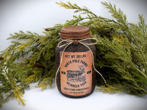 Grubby Coated Mason Jar with Vintage Pantry Christmas Label, North Pole Farms Reindeer Feed, Country Primitive Farmhouse Christmas Decor