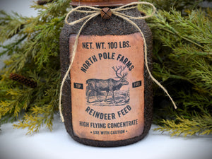 Grubby Coated Mason Jar with Vintage Pantry Christmas Label, North Pole Farms Reindeer Feed, Country Primitive Farmhouse Christmas Decor