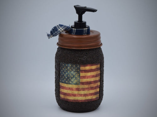 Grubby Americana Country Rustic Hand Soap Dispenser, Mason Jar Soap Pump & American Flag Print, Country Primitive Bathroom Soap Dispenser