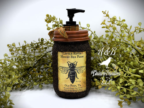 Little River Honey Bee Farm, Old Fort TN, Hand Soap Dispenser, Grubby Mason Jar Soap Pump, Country Farmhouse Bathroom Soap Dispenser