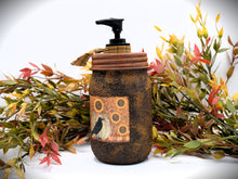 Load image into Gallery viewer, Mason Jar Hand Soap Dispenser, Black Crow and Sunflowers Primitive Label, Grubby Mason Jar w/Soap Pump, Country Primitive Bathroom Decor