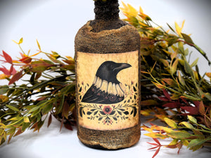 Madame Crow Primitive Grubby Bottle Floral Arrangement, Country Primitive Farmhouse Home Decor, Crow Collection