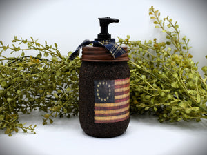 Grubby Americana Hand Soap Dispenser, Mason Jar Soap Pump & Betsy Ross American Flag, Country Primitive Bathroom Soap Dispenser