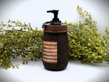 Load image into Gallery viewer, Grubby Americana Hand Soap Dispenser, Mason Jar Soap Pump &amp; Betsy Ross American Flag, Country Primitive Bathroom Soap Dispenser