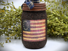 Load image into Gallery viewer, Grubby Americana Hand Soap Dispenser, Mason Jar Soap Pump &amp; Betsy Ross American Flag, Country Primitive Bathroom Soap Dispenser