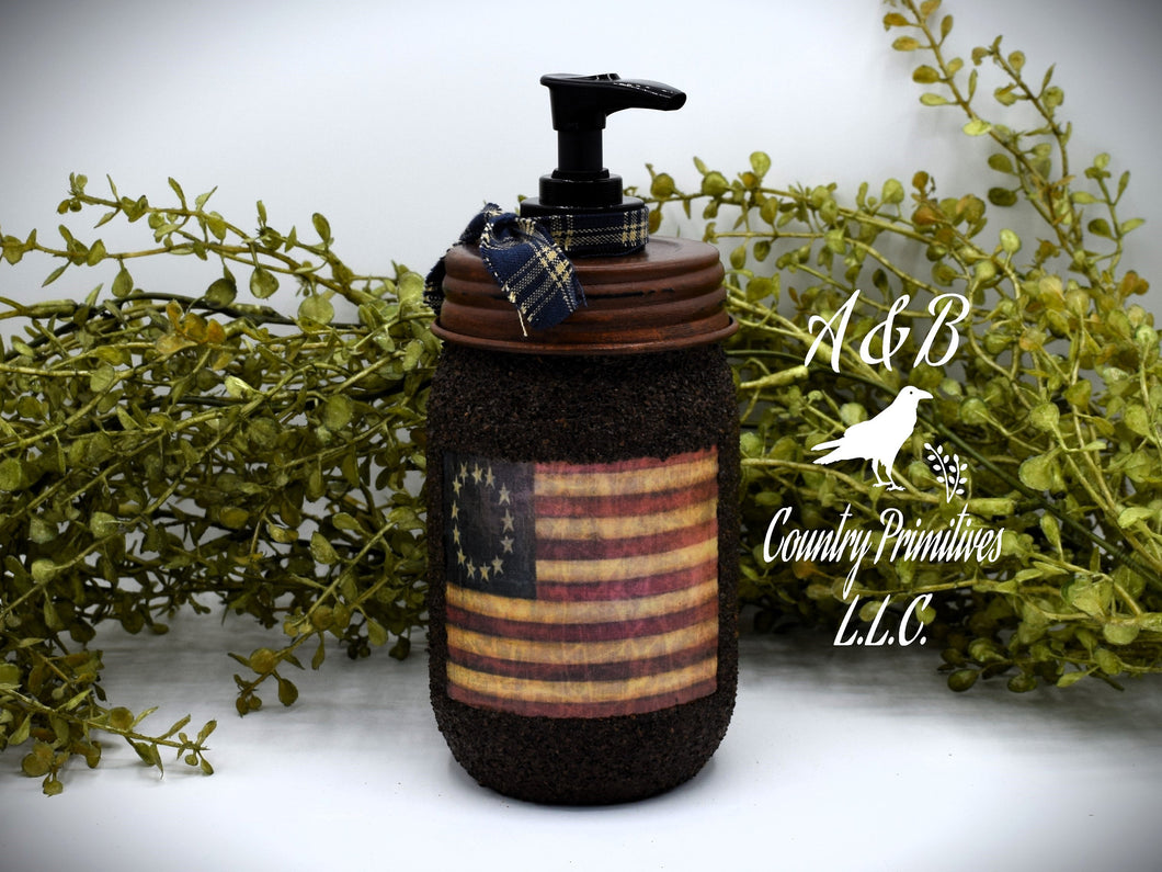 Grubby Americana Hand Soap Dispenser, Mason Jar Soap Pump & Betsy Ross American Flag, Country Primitive Bathroom Soap Dispenser