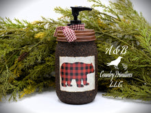 Load image into Gallery viewer, Buffalo Plaid Bear themed Soap Dispenser, Grubby Mason Jar with Soap Pump, Rustic Cabin Decor, Rustic &quot;Bear&quot; themed Bathroom