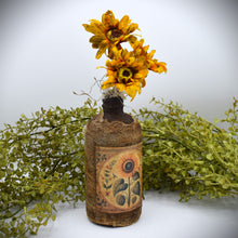 Load image into Gallery viewer, Primitive Sunflower Grubby Bottle Arrangement, Country Primitive Farmhouse Home Decor, Cottagecore, Summer Floral, Fall Floral