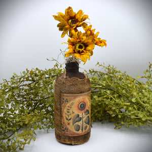 Primitive Sunflower Grubby Bottle Arrangement, Country Primitive Farmhouse Home Decor, Cottagecore, Summer Floral, Fall Floral