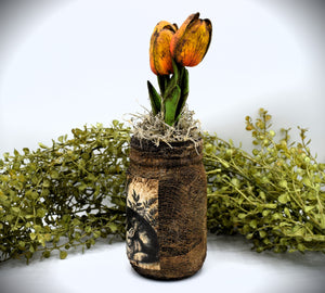 Primitive Mama and Baby Bunny Rabbit Mason Jar Tulip Floral Arrangement, Country Farmhouse, Cottagecore, Spring, Easter, Mother's Day Gift