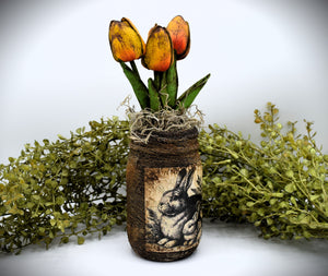 Primitive Mama and Baby Bunny Rabbit Mason Jar Tulip Floral Arrangement, Country Farmhouse, Cottagecore, Spring, Easter, Mother's Day Gift