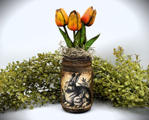 Primitive Mama and Baby Bunny Rabbit Mason Jar Tulip Floral Arrangement, Country Farmhouse, Cottagecore, Spring, Easter, Mother's Day Gift