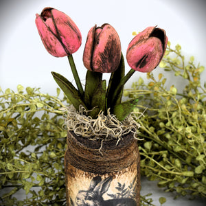 Primitive Mama and Baby Bunny Rabbit Mason Jar Tulip Floral Arrangement, Country Farmhouse, Cottagecore, Spring, Easter, Mother's Day Gift