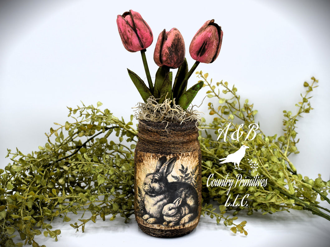 Primitive Mama and Baby Bunny Rabbit Mason Jar Tulip Floral Arrangement, Country Farmhouse, Cottagecore, Spring, Easter, Mother's Day Gift