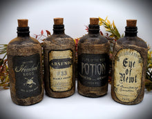 Load image into Gallery viewer, Apothecary Potion Bottles, Halloween Decor, Primitive Aged Apothecary Bottles