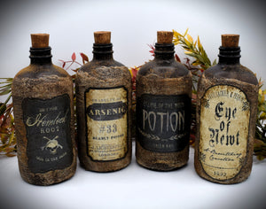 Apothecary Potion Bottles, Halloween Decor, Primitive Aged Apothecary Bottles