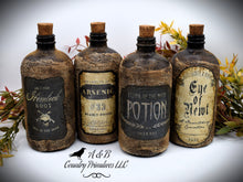 Load image into Gallery viewer, Apothecary Potion Bottles, Halloween Decor, Primitive Aged Apothecary Bottles