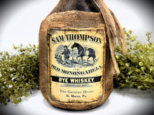 Load image into Gallery viewer, Sam Thompson Old Monongahela Rye Whiskey Jug with Wax Seal, Antique Colonial Distressed Style Reproduction, Glass Jug Centerpiece, Primitive