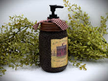 Load image into Gallery viewer, Mason Jar Hand Soap Dispenser, Red Salt Box House, Grubby Mason Jar Soap Pump &amp; Folk Art Print, Country Farmhouse Bathroom Soap Dispenser