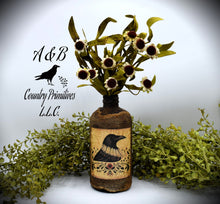 Load image into Gallery viewer, Madame Crow Primitive Grubby Bottle Floral Arrangement, Country Primitive Farmhouse Home Decor, Crow Collection