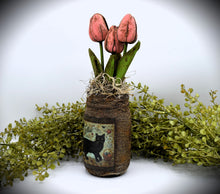 Load image into Gallery viewer, Primitive Black Cat Folk Art Mason Jar Tulip Floral Arrangement, Country Primitive Farmhouse Home Decor, Spring and Summer, Cottagecore