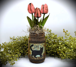 Primitive Black Cat Folk Art Mason Jar Tulip Floral Arrangement, Country Primitive Farmhouse Home Decor, Spring and Summer, Cottagecore