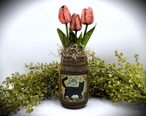 Primitive Black Cat Folk Art Mason Jar Tulip Floral Arrangement, Country Primitive Farmhouse Home Decor, Spring and Summer, Cottagecore