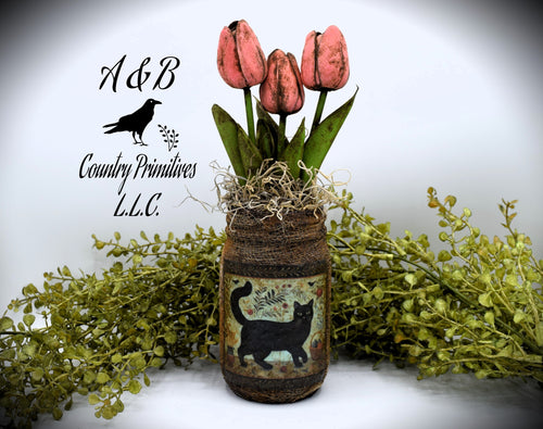 Primitive Black Cat Folk Art Mason Jar Tulip Floral Arrangement, Country Primitive Farmhouse Home Decor, Spring and Summer, Cottagecore