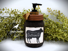 Load image into Gallery viewer, Farm Fresh Buttermilk, Pint Mason Hand Soap Dispenser, Country Farmhouse Bathroom or Kitchen, Country Primitive, Cow Themed Home Decor