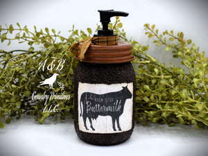 Farm Fresh Buttermilk, Pint Mason Hand Soap Dispenser, Country Farmhouse Bathroom or Kitchen, Country Primitive, Cow Themed Home Decor