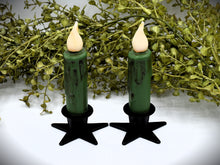 Load image into Gallery viewer, Set of (2) Two Grungy Fern Green 4 inch LED Wax Dipped Taper Candles with Timer, Battery Operated Candles, Country Primitive Home Decor