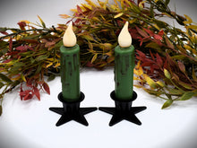 Load image into Gallery viewer, Set of (2) Two Grungy Fern Green 4 inch LED Wax Dipped Taper Candles with Timer, Battery Operated Candles, Country Primitive Home Decor