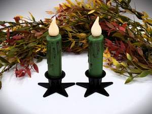 Set of (2) Two Grungy Fern Green 4 inch LED Wax Dipped Taper Candles with Timer, Battery Operated Candles, Country Primitive Home Decor