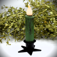 Load image into Gallery viewer, Set of (2) Two Grungy Fern Green 4 inch LED Wax Dipped Taper Candles with Timer, Battery Operated Candles, Country Primitive Home Decor