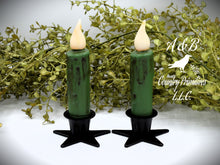 Load image into Gallery viewer, Set of (2) Two Grungy Fern Green 4 inch LED Wax Dipped Taper Candles with Timer, Battery Operated Candles, Country Primitive Home Decor