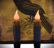 Load image into Gallery viewer, Set of TWO Grungy Blue 4 inch LED Wax Dipped Taper Candles with Timer, Battery Operated Flameless Candles, Country Primitive Home Decor