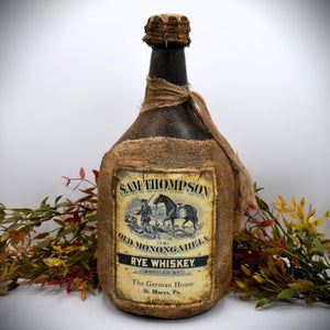 Sam Thompson Old Monongahela Rye Whiskey Jug with Wax Seal, Antique Colonial Distressed Style Reproduction, Glass Jug Centerpiece, Primitive