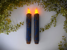 Load image into Gallery viewer, Set of TWO Grungy Blue 7 inch LED Wax Dipped Taper Candles with Timer, Battery Operated Flameless Candles, Country Primitive Home Decor