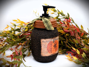 Fall, Harvest, Autumn Blessings, Primitive Pumpkin label, Soap Dispenser, Grubby Mason Jar w/Soap Pump, Country Primitive Bathroom Decor