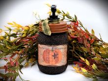 Load image into Gallery viewer, Fall, Harvest, Autumn Blessings, Primitive Pumpkin label, Soap Dispenser, Grubby Mason Jar w/Soap Pump, Country Primitive Bathroom Decor